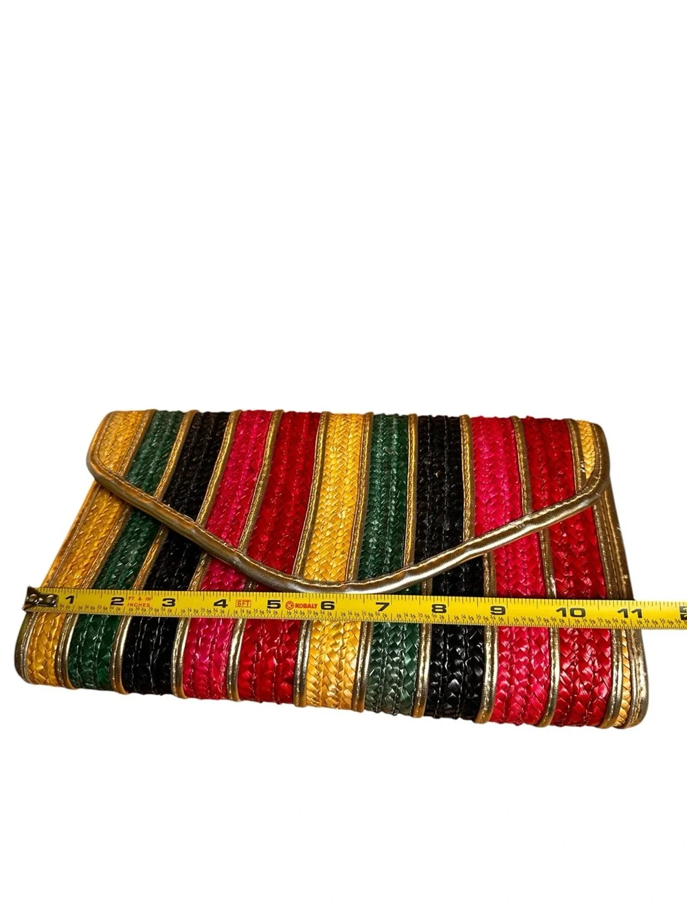 Vintage Rainbow &  Gold Woven Raffia Straw Envelope Clutch Resort